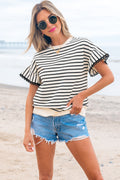 Black Stripe Scallop Lace Trim Ruffle Short Sleeve Top