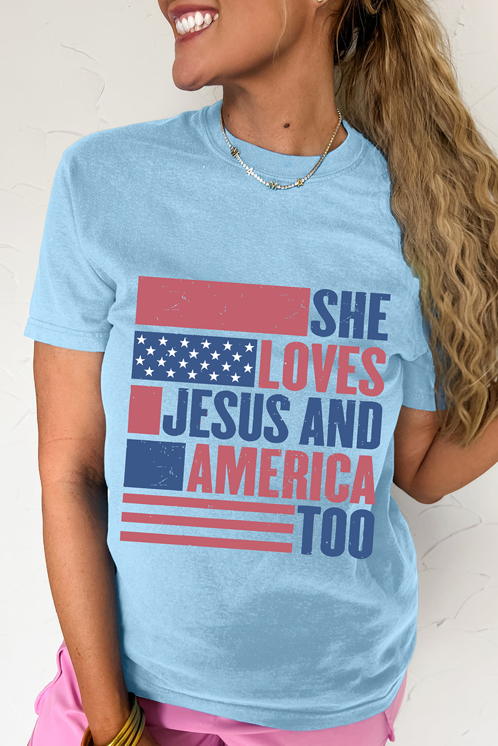 Light Blue "She Loves Jesus and America Too" Flag Graphic Tee