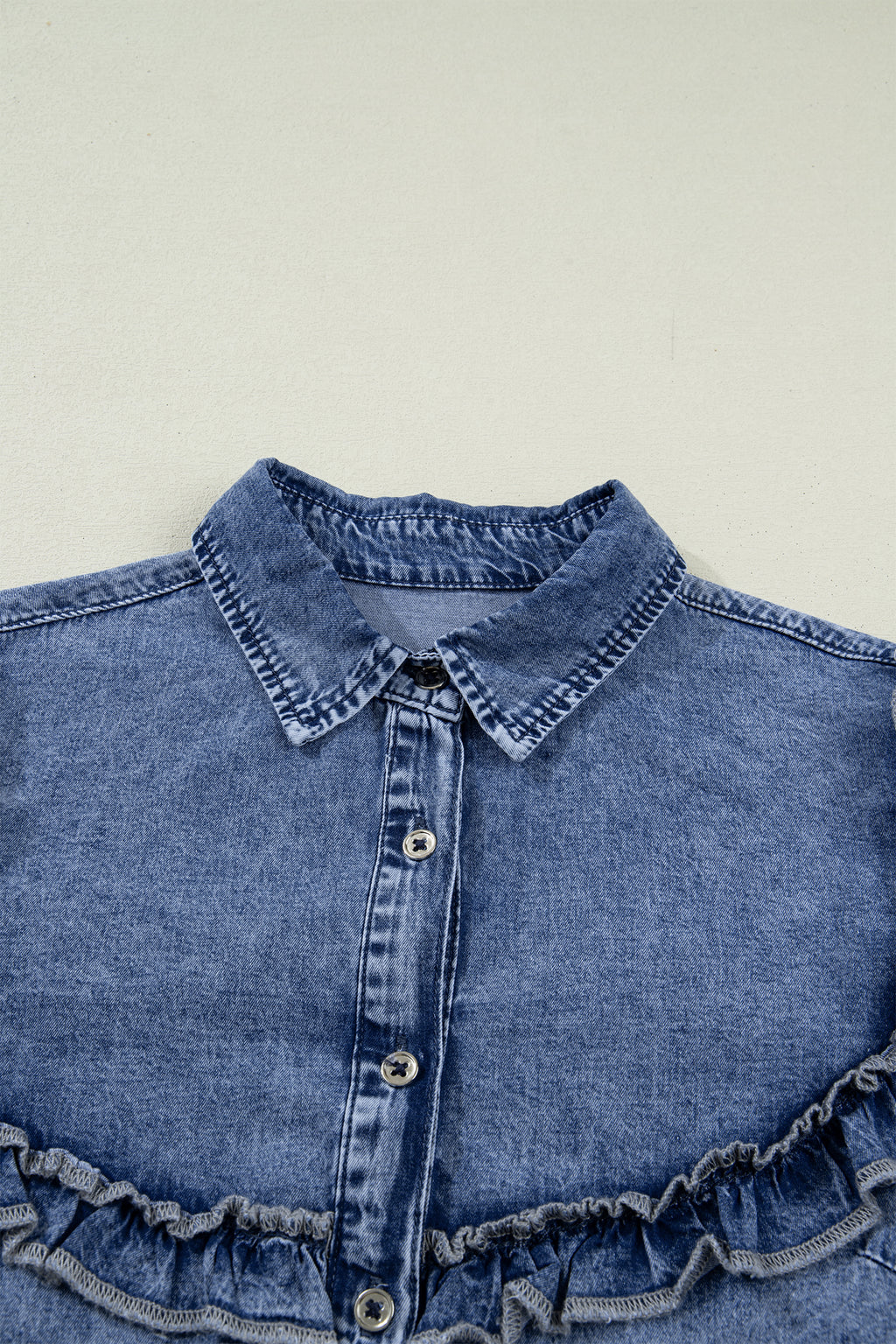 Vintage Wash Denim Ruffle Detail Button Down Shirt