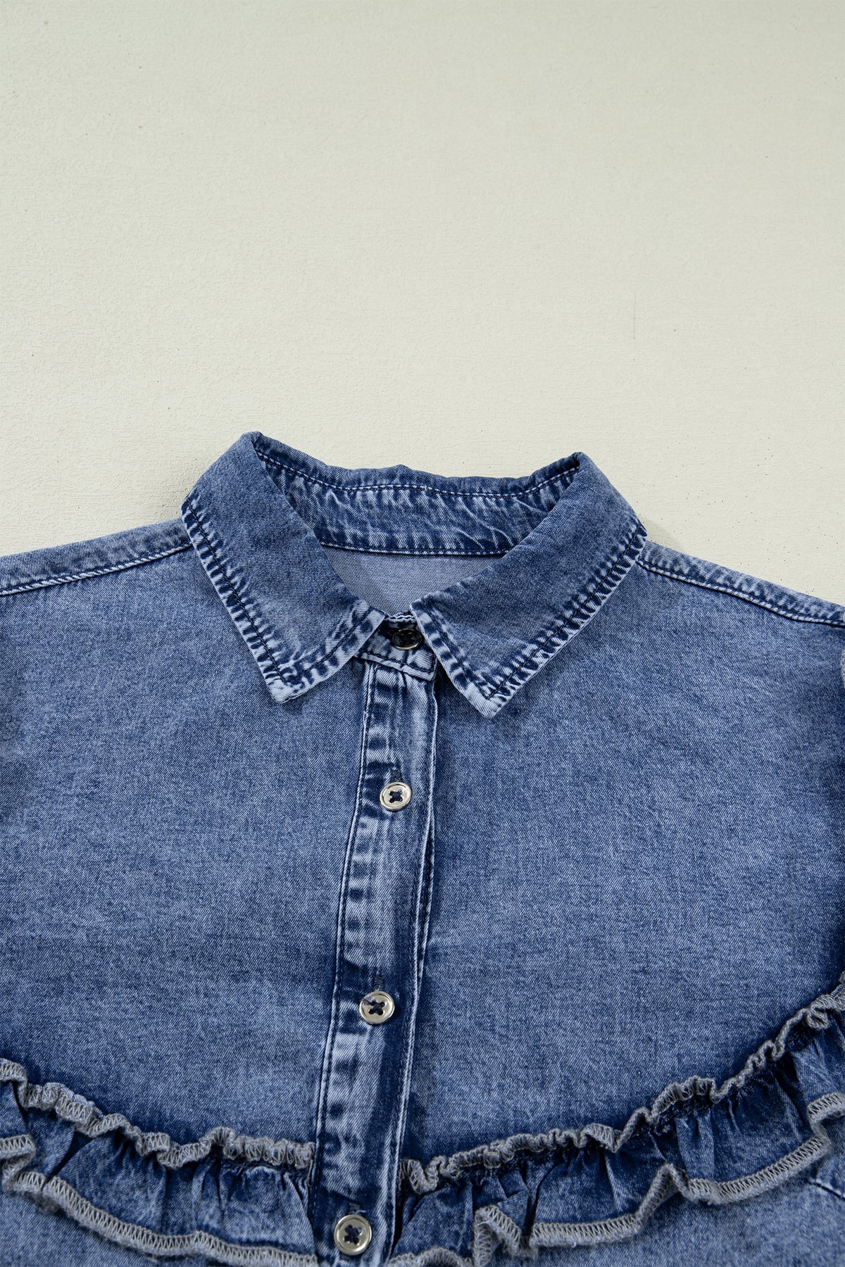Vintage Wash Denim Ruffle Detail Button Down Shirt