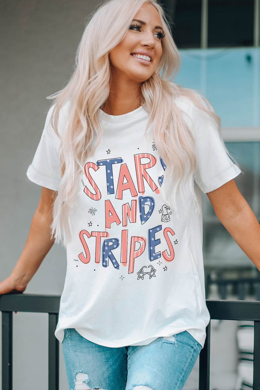 White "Stars and Stripes" Crew Neck Graphic Tee