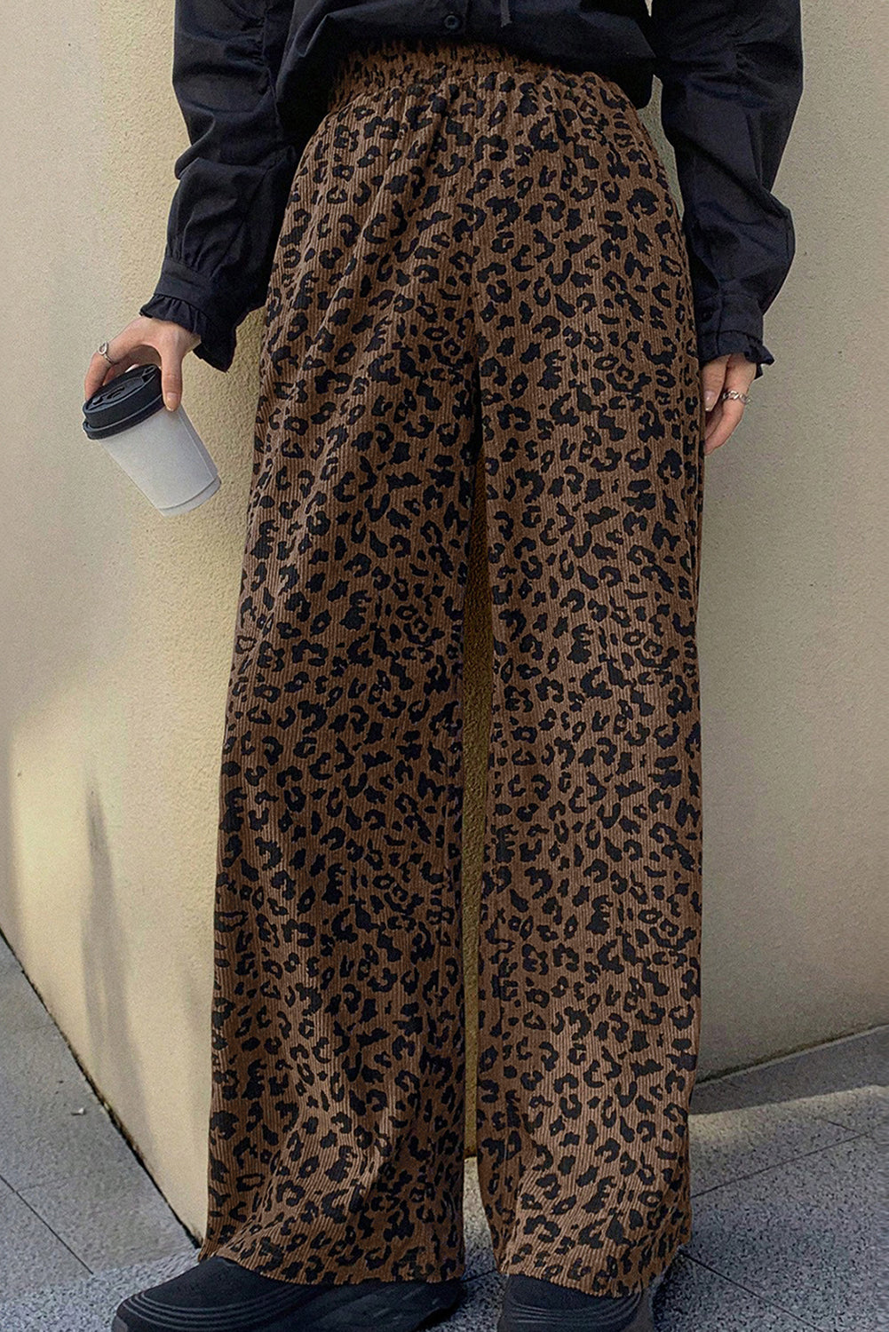 Dark Brown Leopard Print High Waist Loose Corduroy Pants