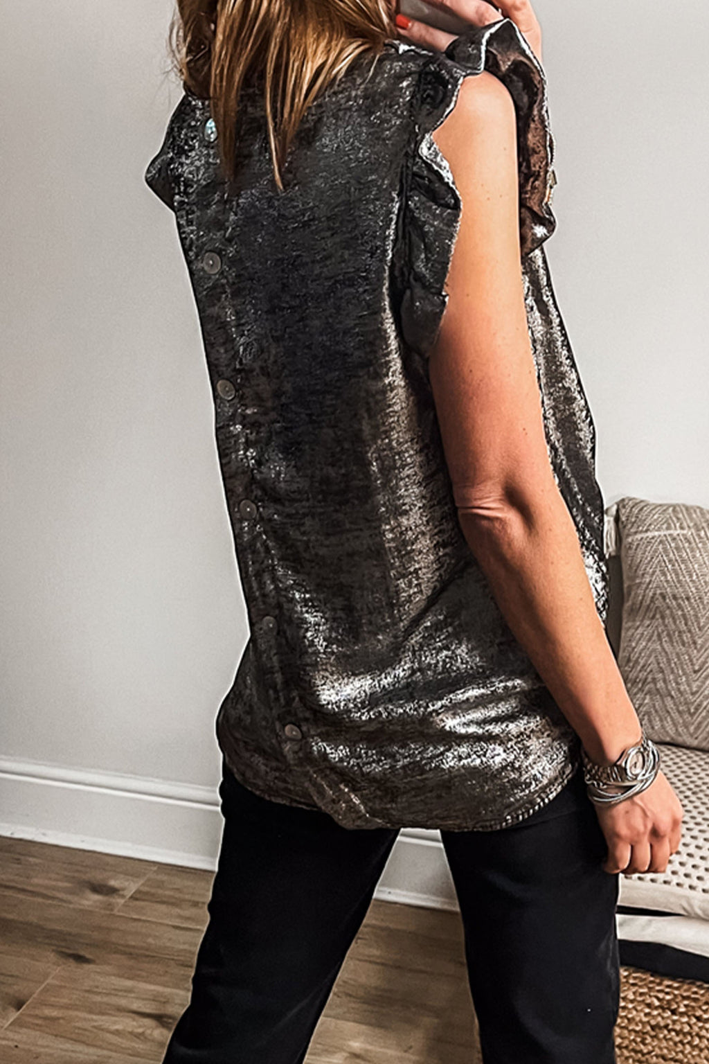 Gold Metallic Ruffle Trim Sleeveless Top
