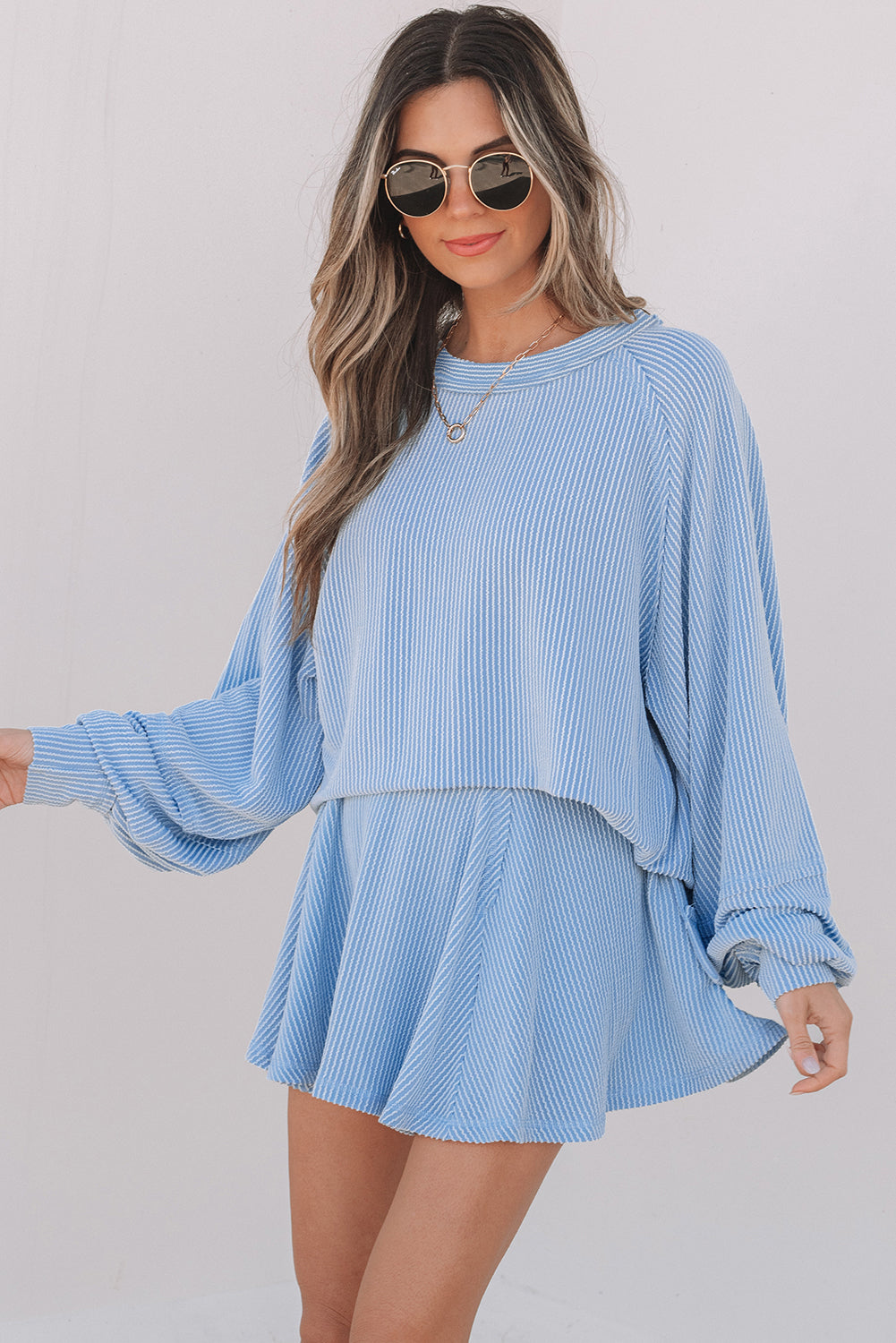 Corded Lantern Sleeve & High Waist Ruffled Mini Skort Set