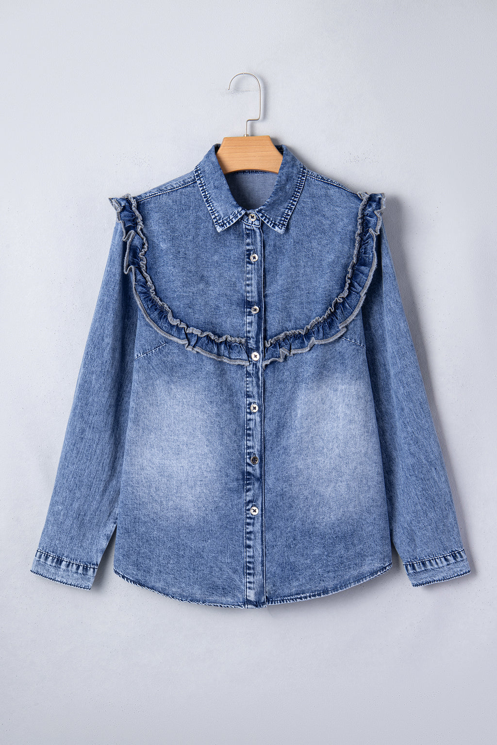 Vintage Wash Denim Ruffle Detail Button Down Shirt