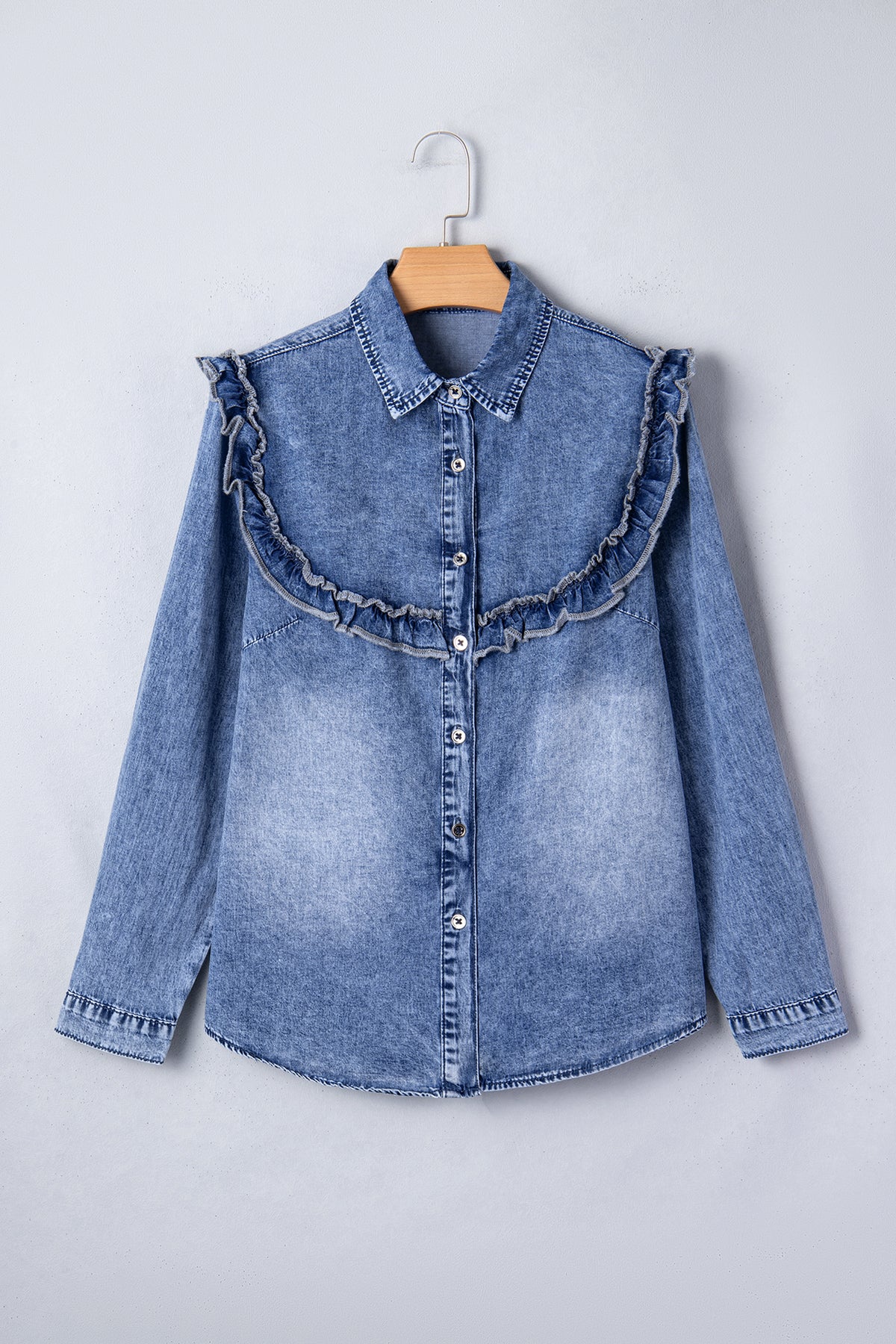 Vintage Wash Denim Ruffle Detail Button Down Shirt