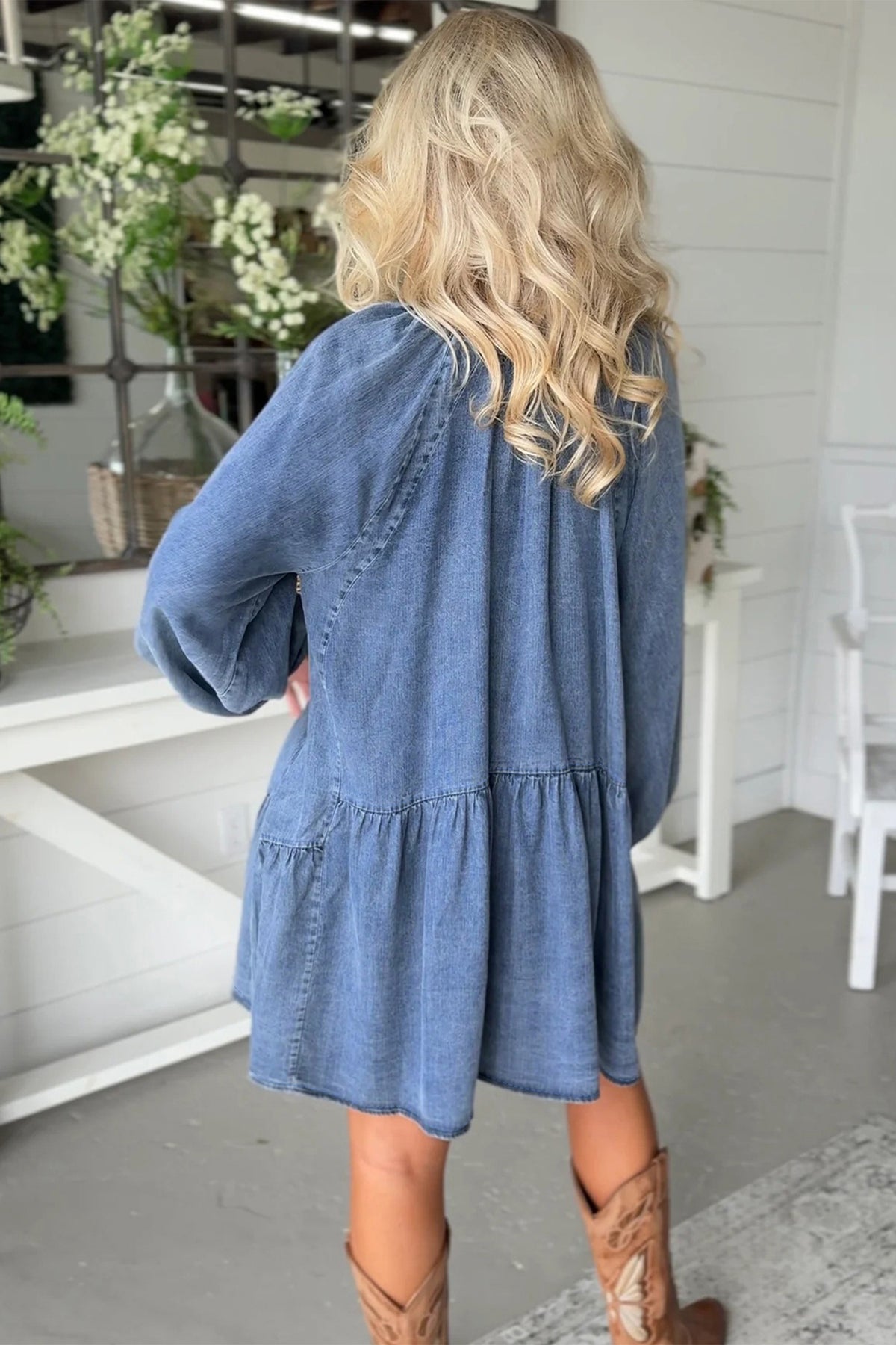 Blue Puff Sleeve V Neck Ruffled Denim Mini Dress