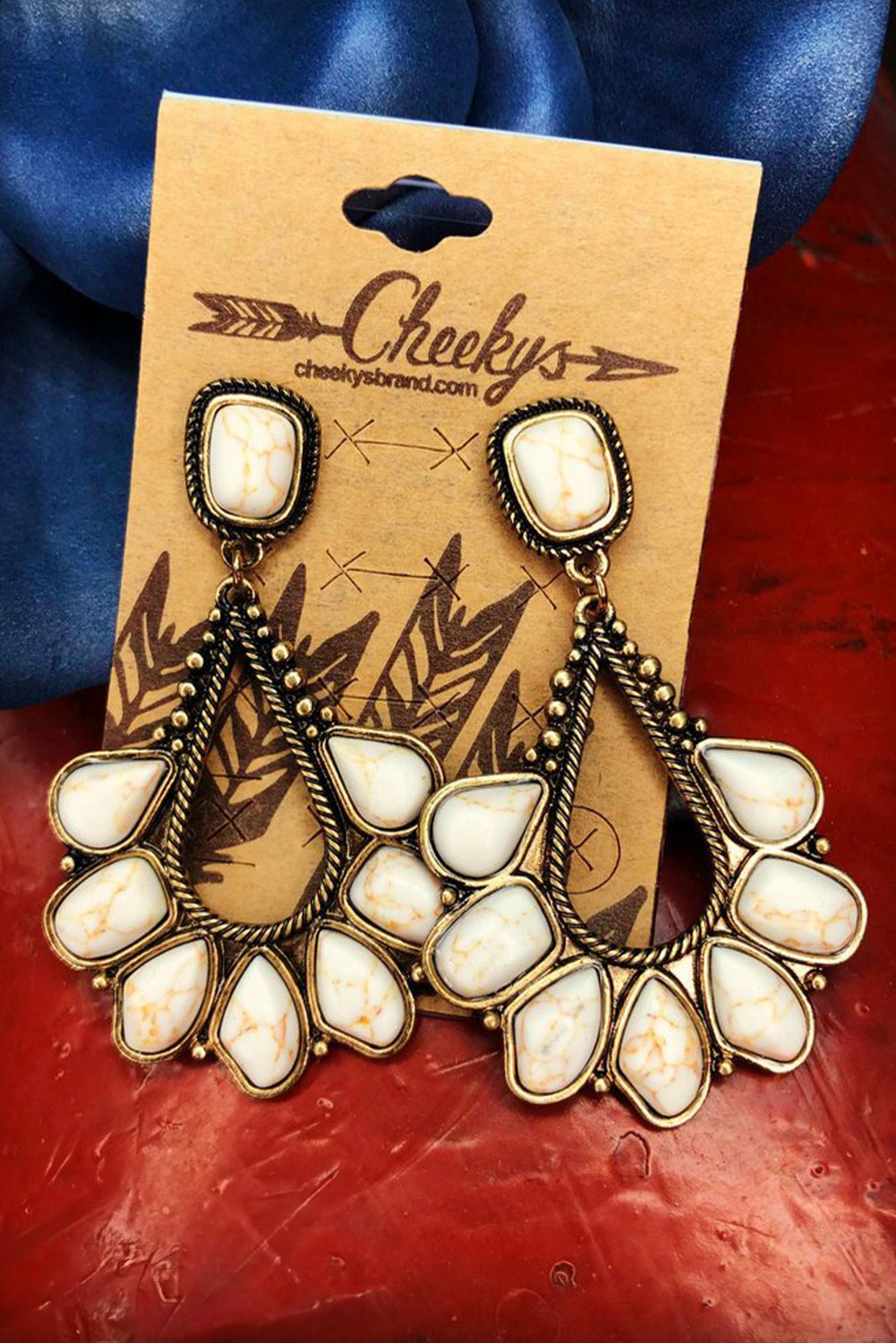 White Turquoise Inlay Cut Out Western Dangle Earrings-1