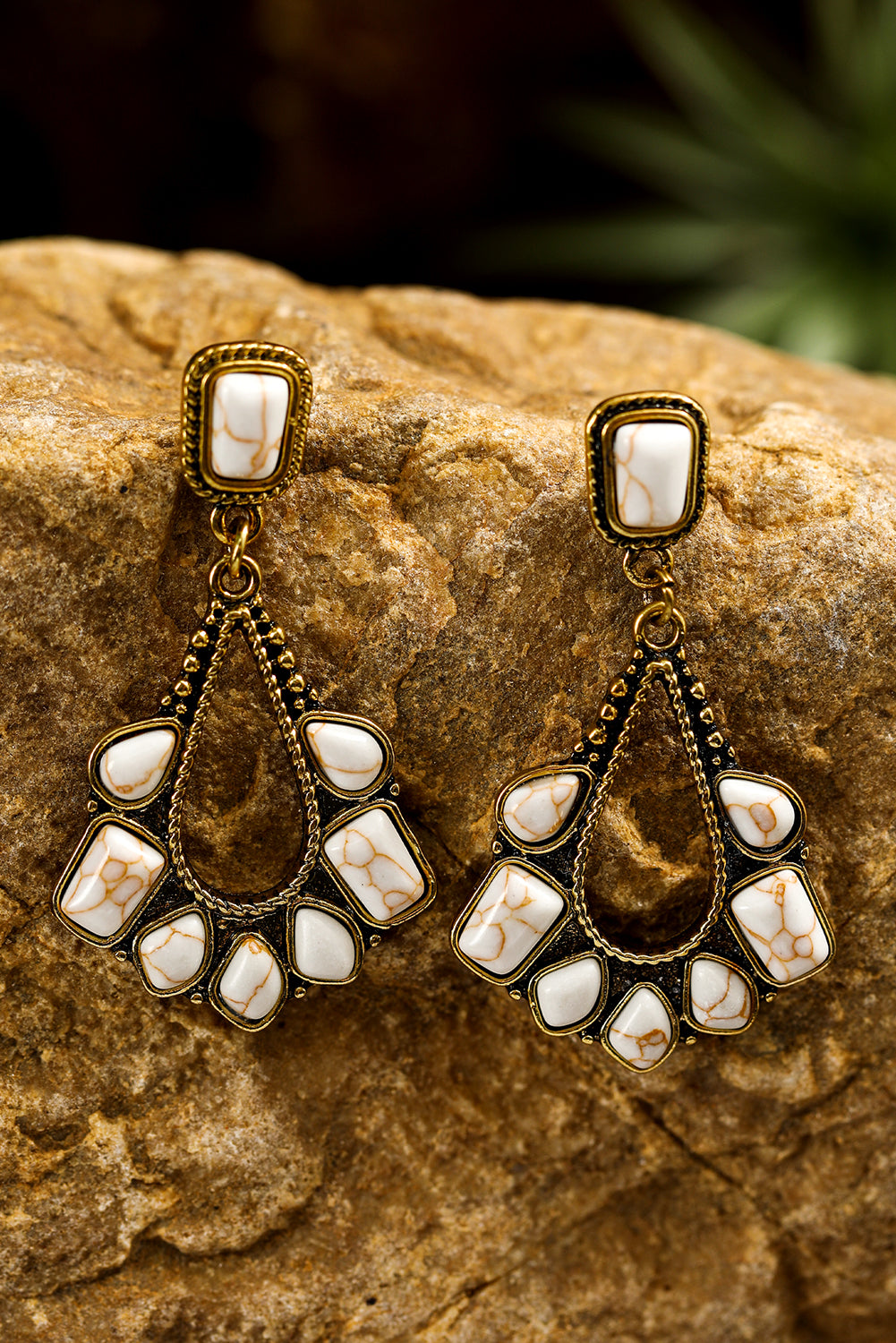 White Turquoise Inlay Cut Out Western Dangle Earrings-0