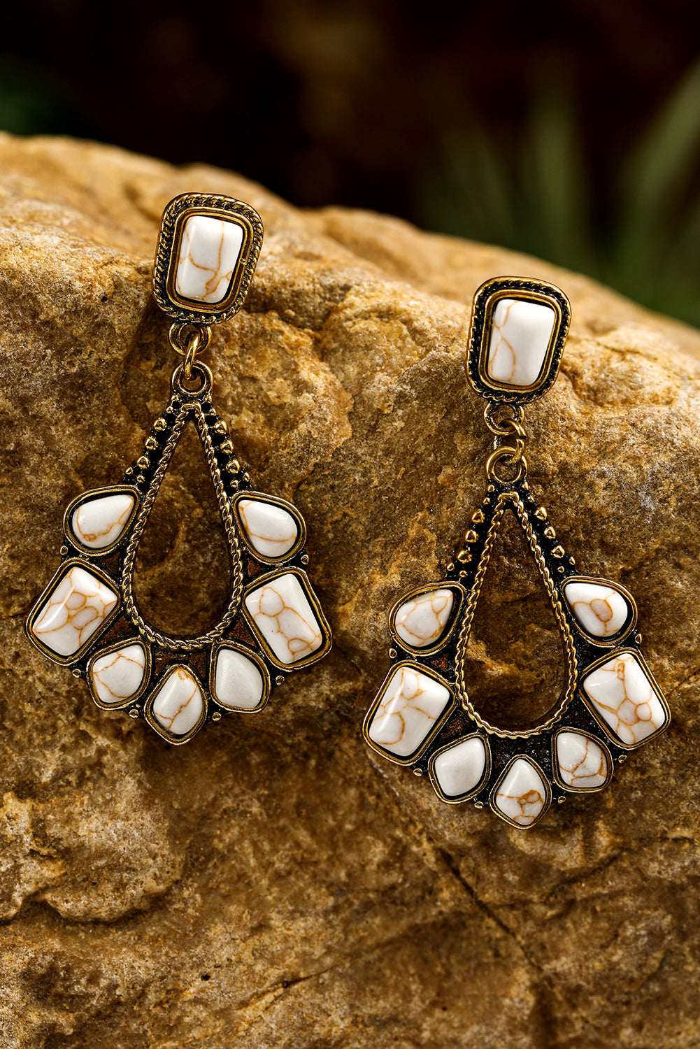 White Turquoise Inlay Cut Out Western Dangle Earrings-3