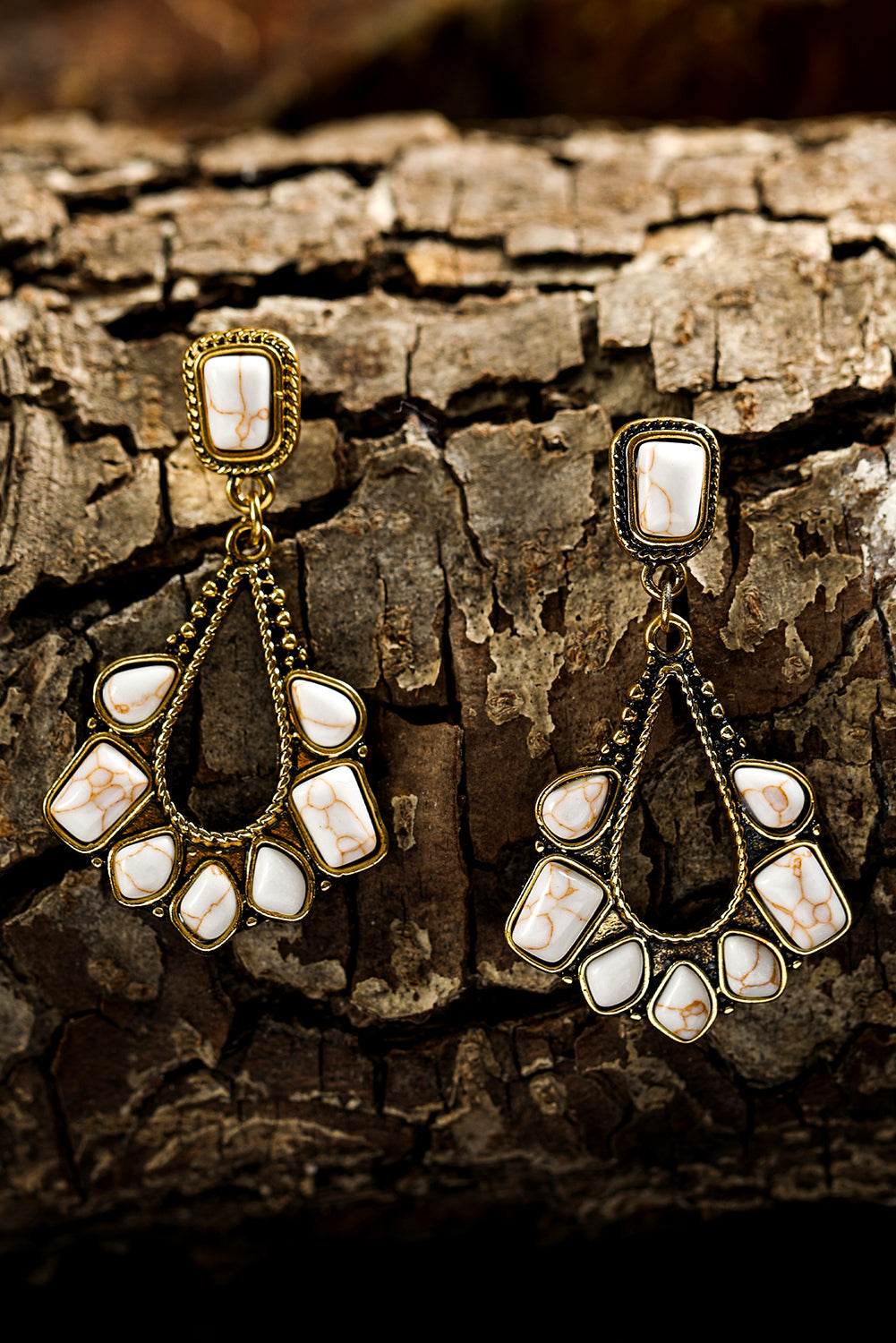 White Turquoise Inlay Cut Out Western Dangle Earrings-4