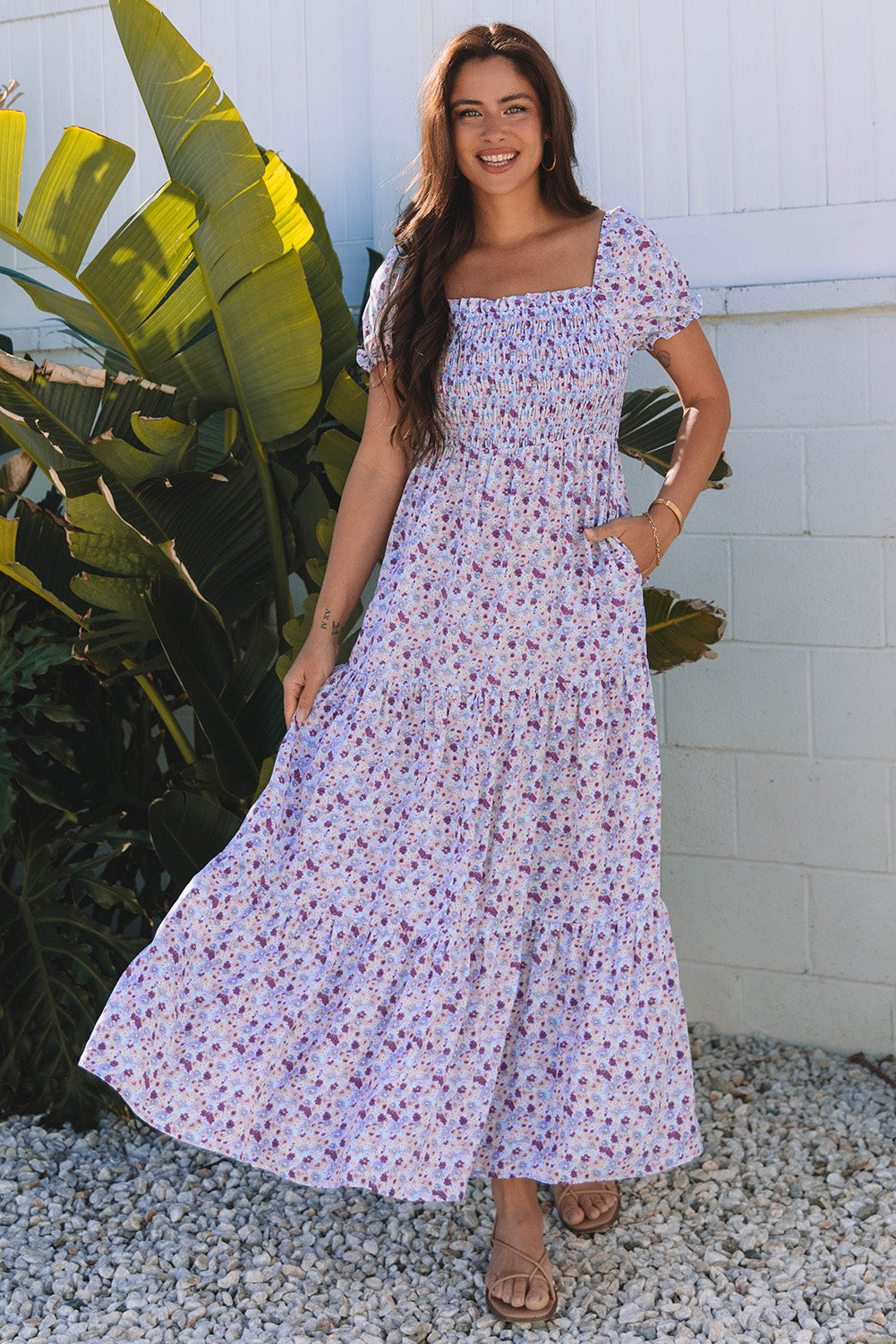Purple Floral Bubble Sleeve Shirred High Waist Maxi Dress