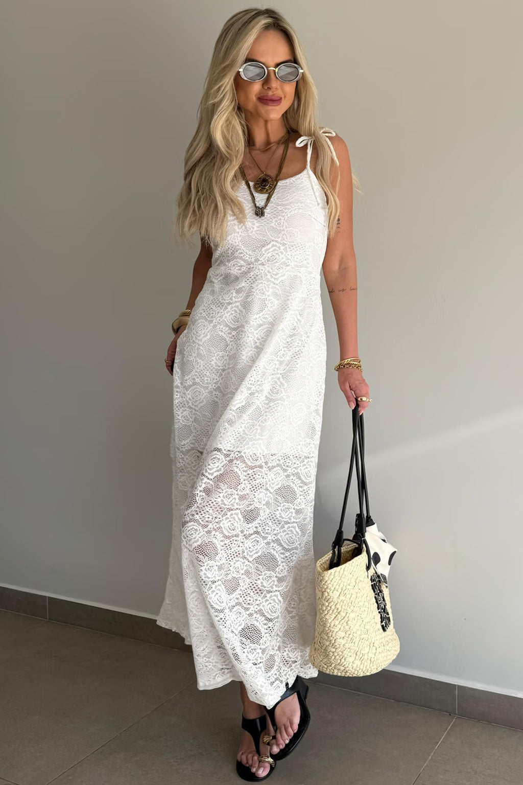 White Floral Lace Overlay Tie Spaghetti Strap Maxi Dress