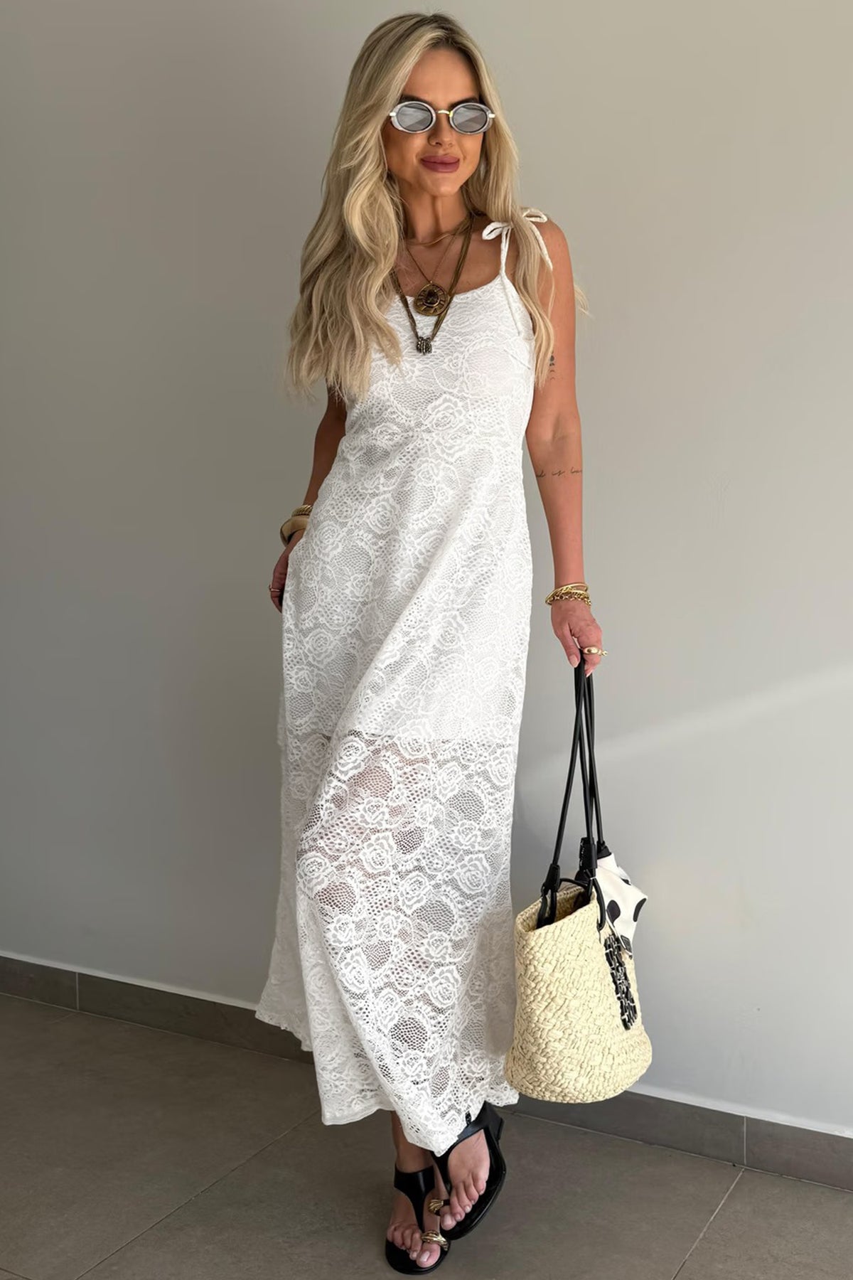 White Floral Lace Overlay Tie Spaghetti Strap Maxi Dress