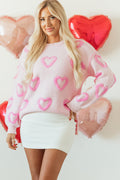 Pink Heart Print Bubble Sleeve Oversized Sweater