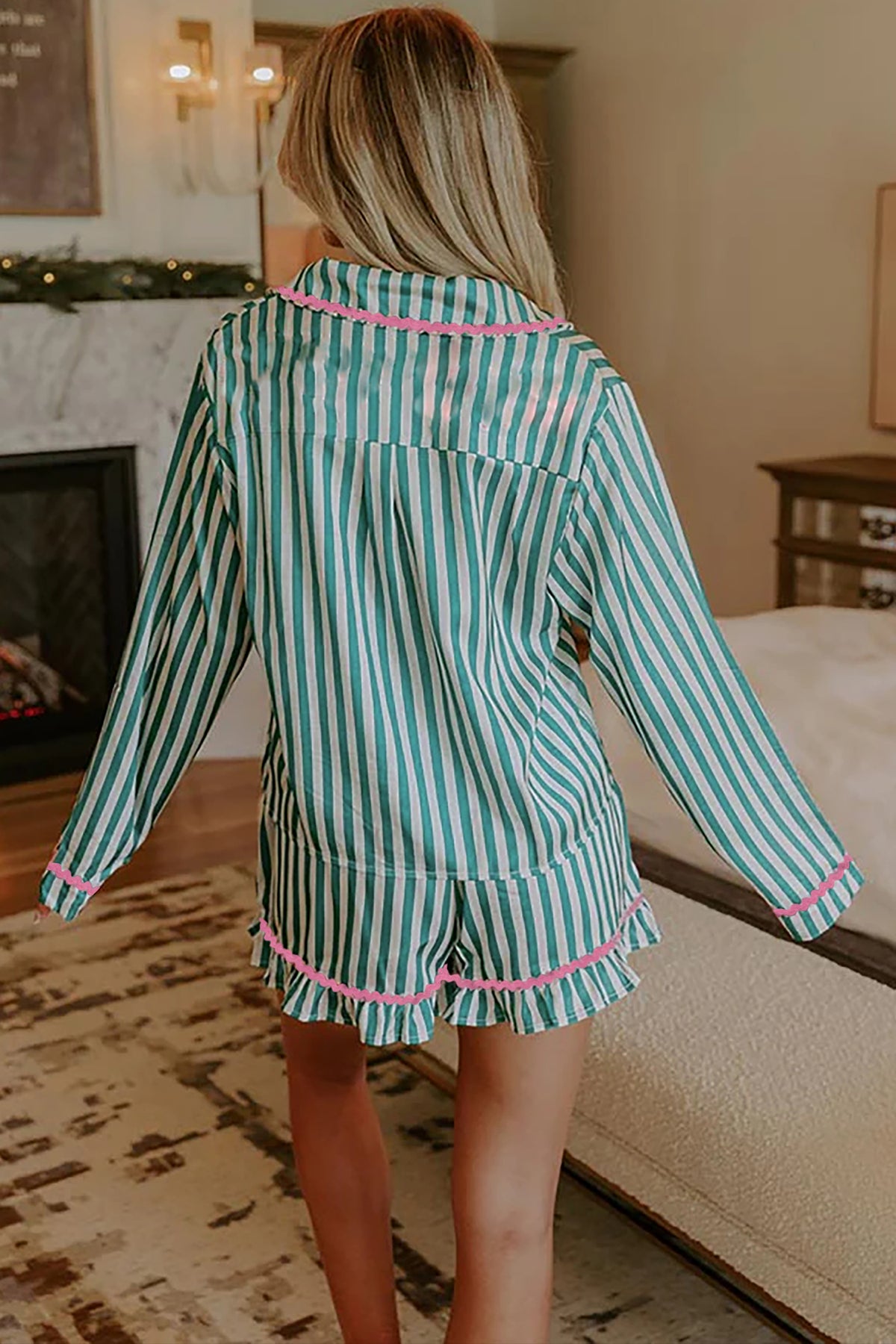 Green Stripe Ricrac Trim Long Sleeve Pajama Short Set