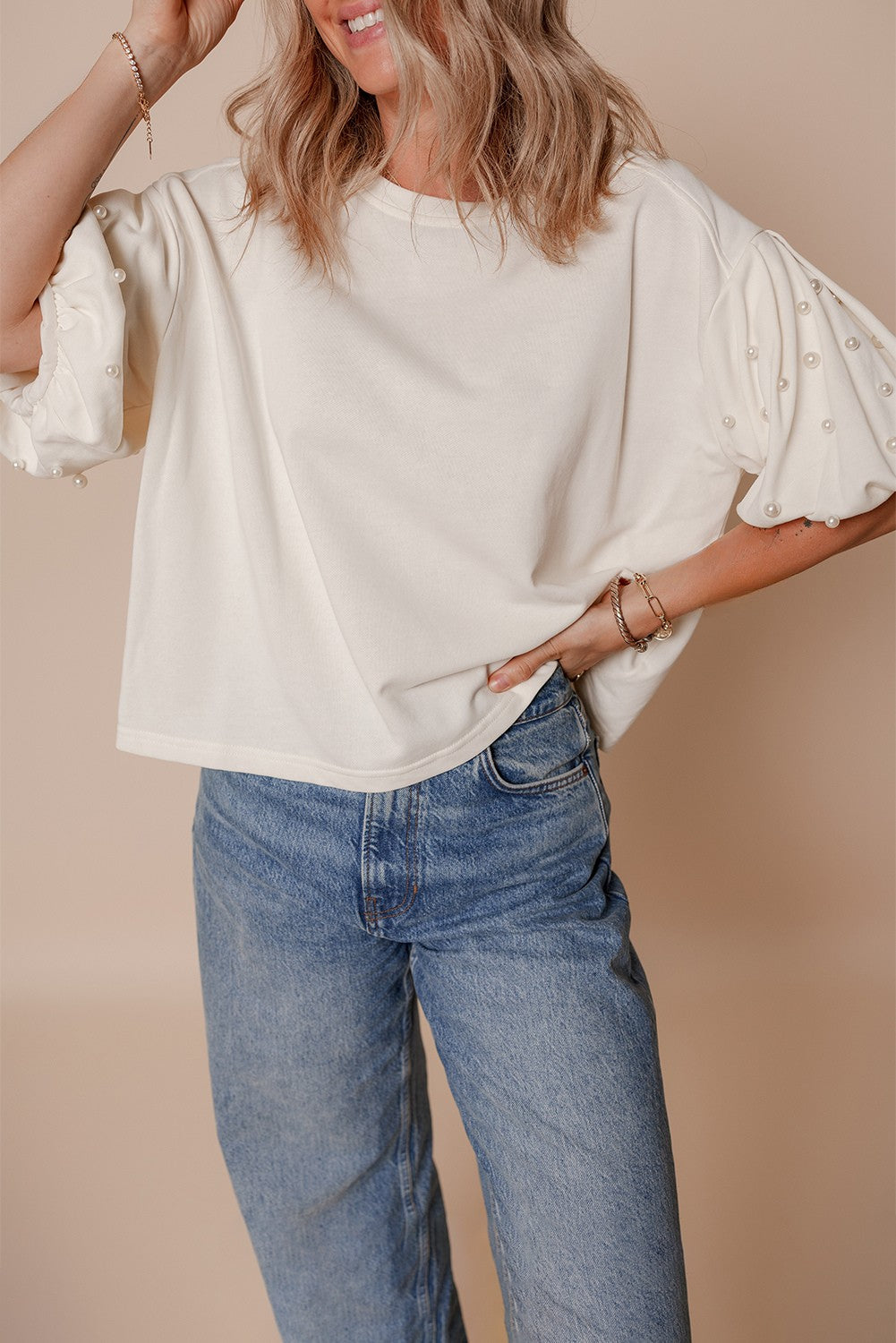 Sylvia Pearled Puff Sleeve Loose Top-2