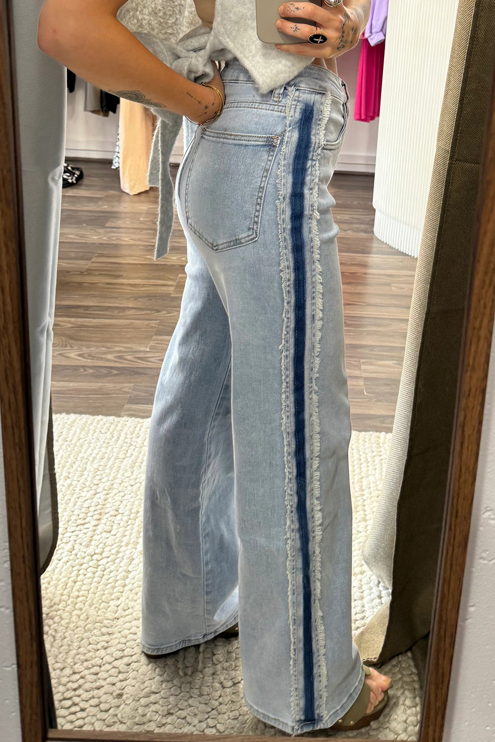 Blue Contrast Stripe Frayed Side Panel Patchwork Jeans
