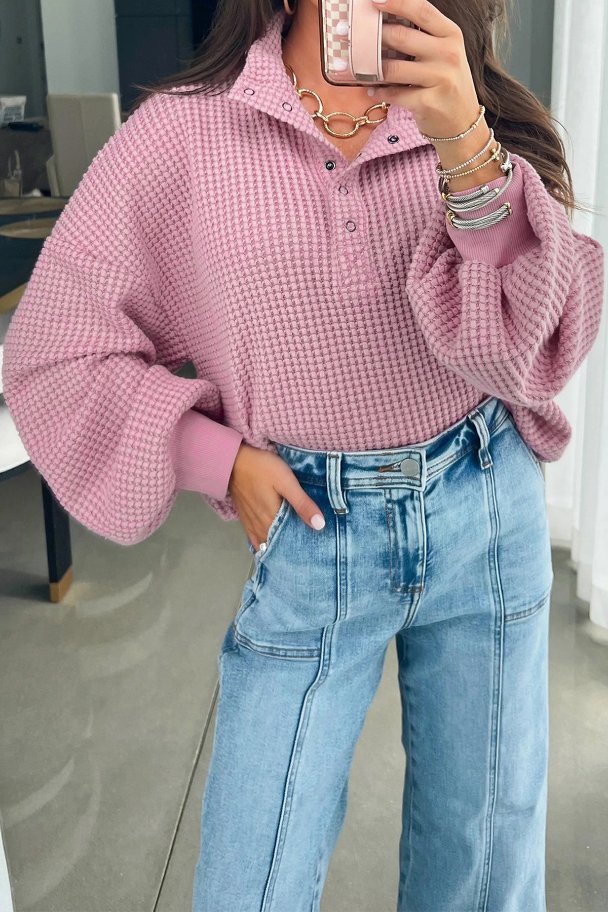 Textured Snap Button Collared Baggy Top