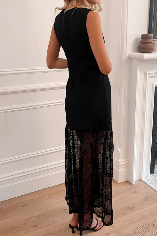 Black Sleeveless Sheer Floral Lace Patchwork Maxi Dress