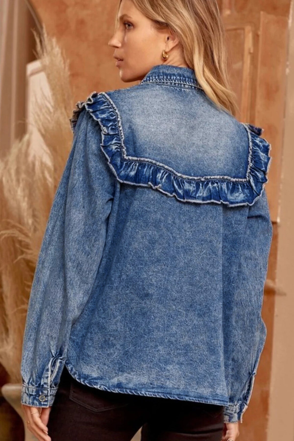 Vintage Wash Denim Ruffle Detail Button Down Shirt
