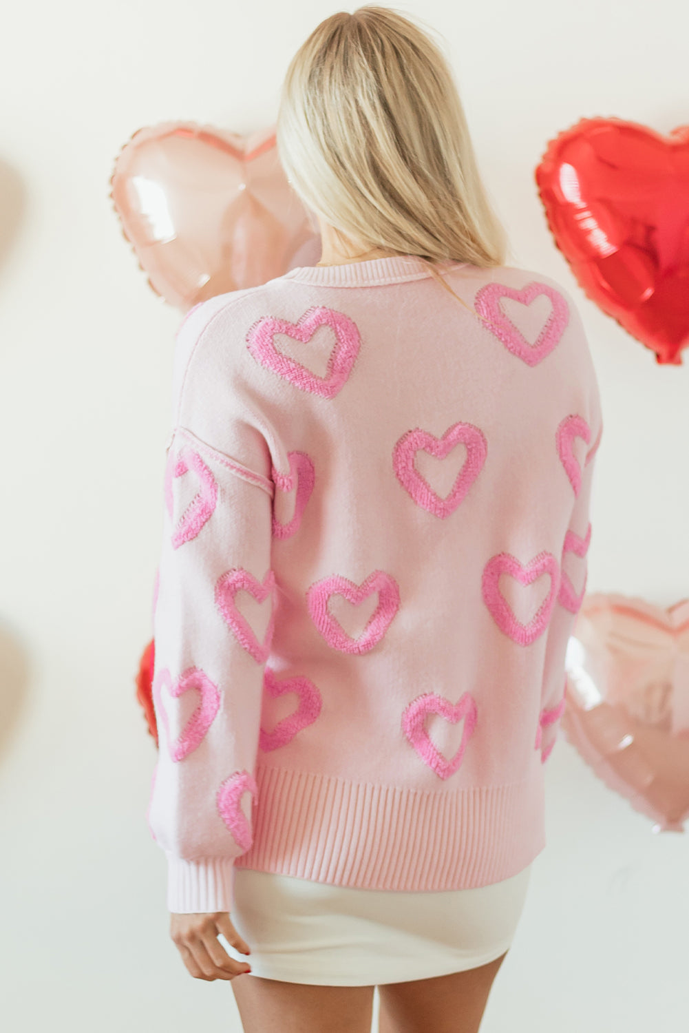 Pink Heart Print Bubble Sleeve Oversized Sweater