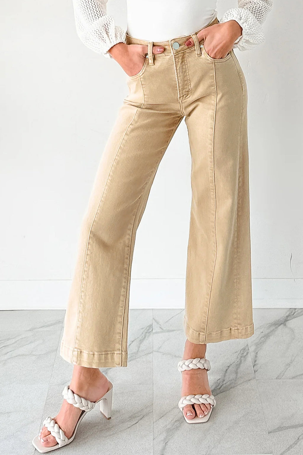 Red Wide Leg Seamed Center Cropped Jeans