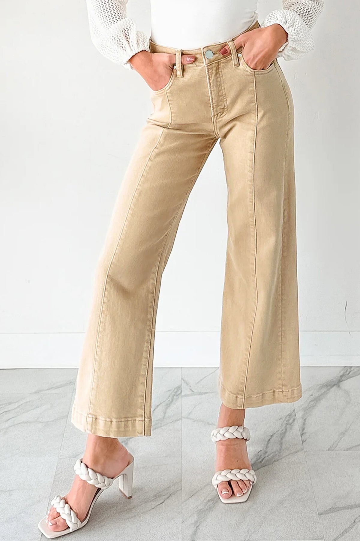 Red Wide Leg Seamed Center Cropped Jeans