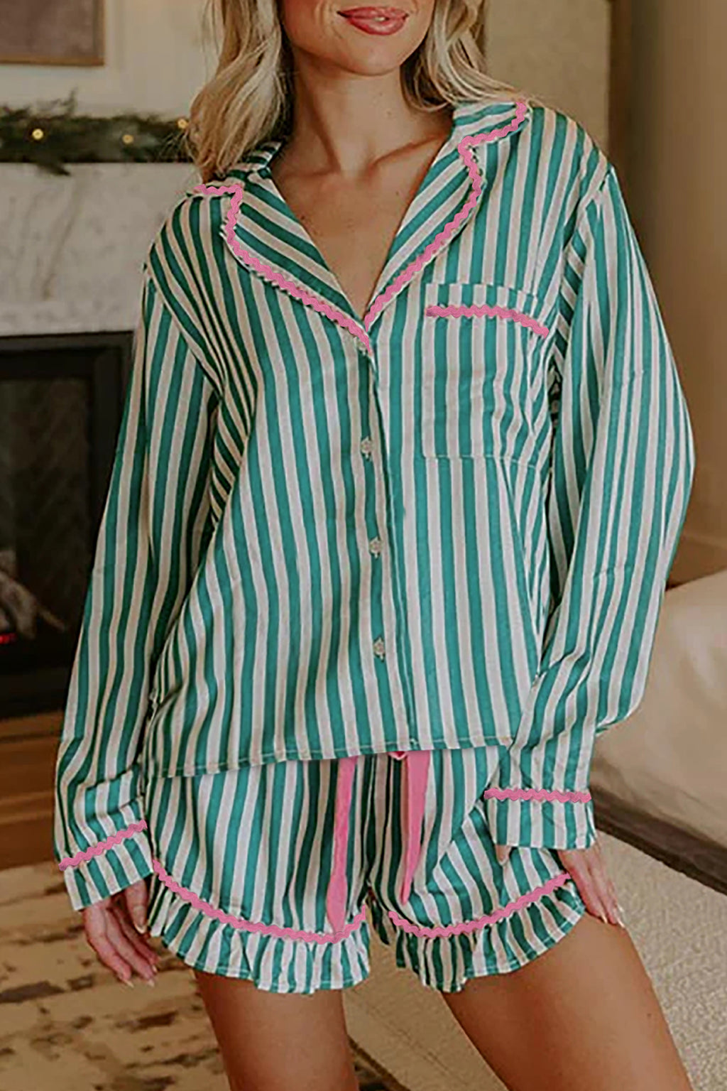 Green Stripe Ricrac Trim Long Sleeve Pajama Short Set