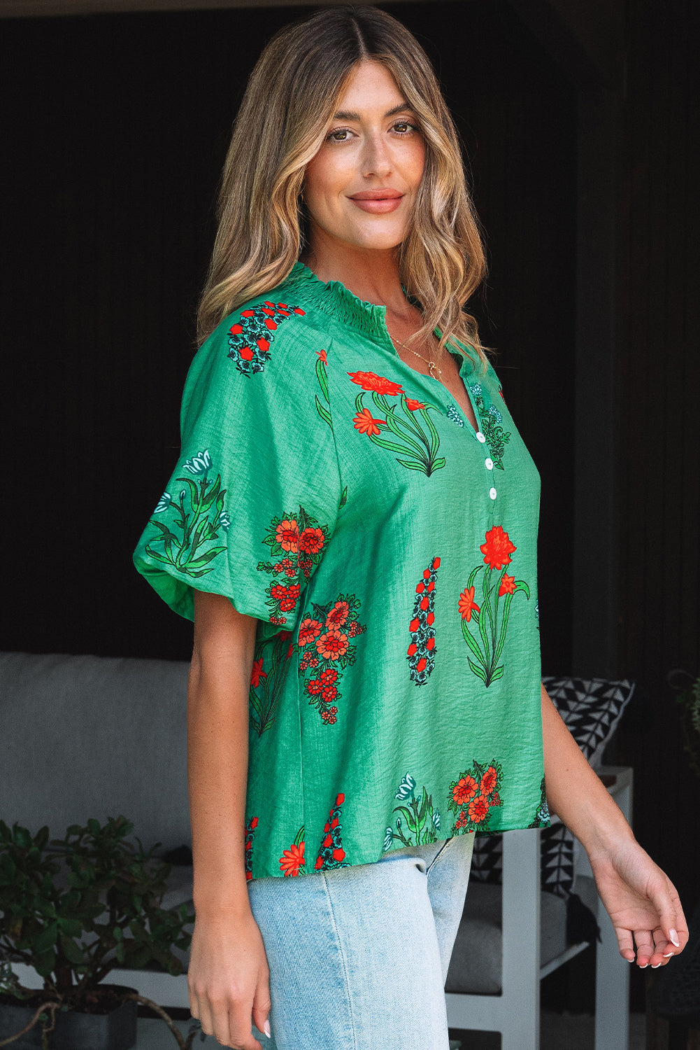 Penelope Floral Buttoned V Neck Short Sleeve Blouse-2