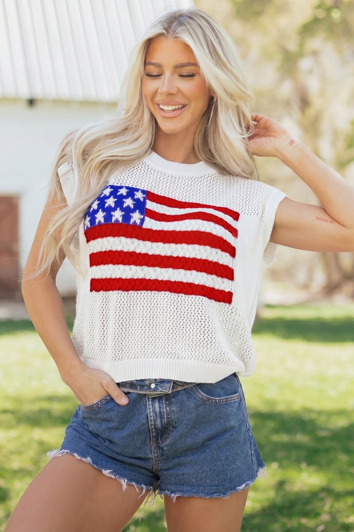 Sky Blue Flag Graphic Short Sleeve Sweater Top