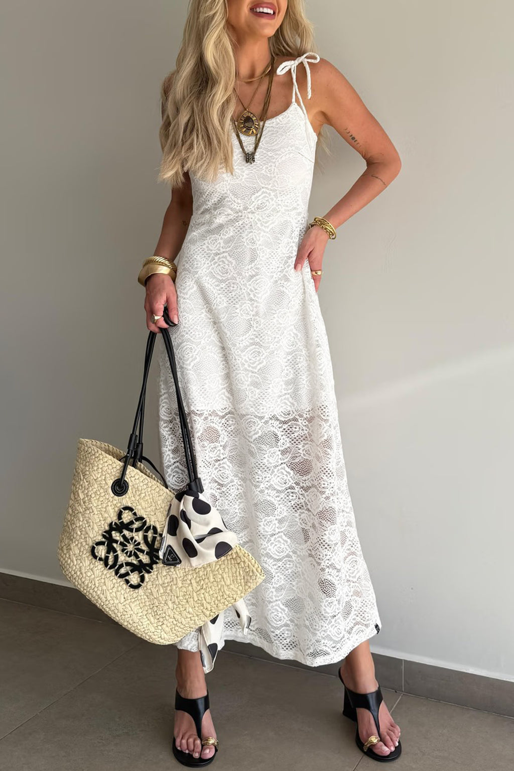 White Floral Lace Overlay Tie Spaghetti Strap Maxi Dress