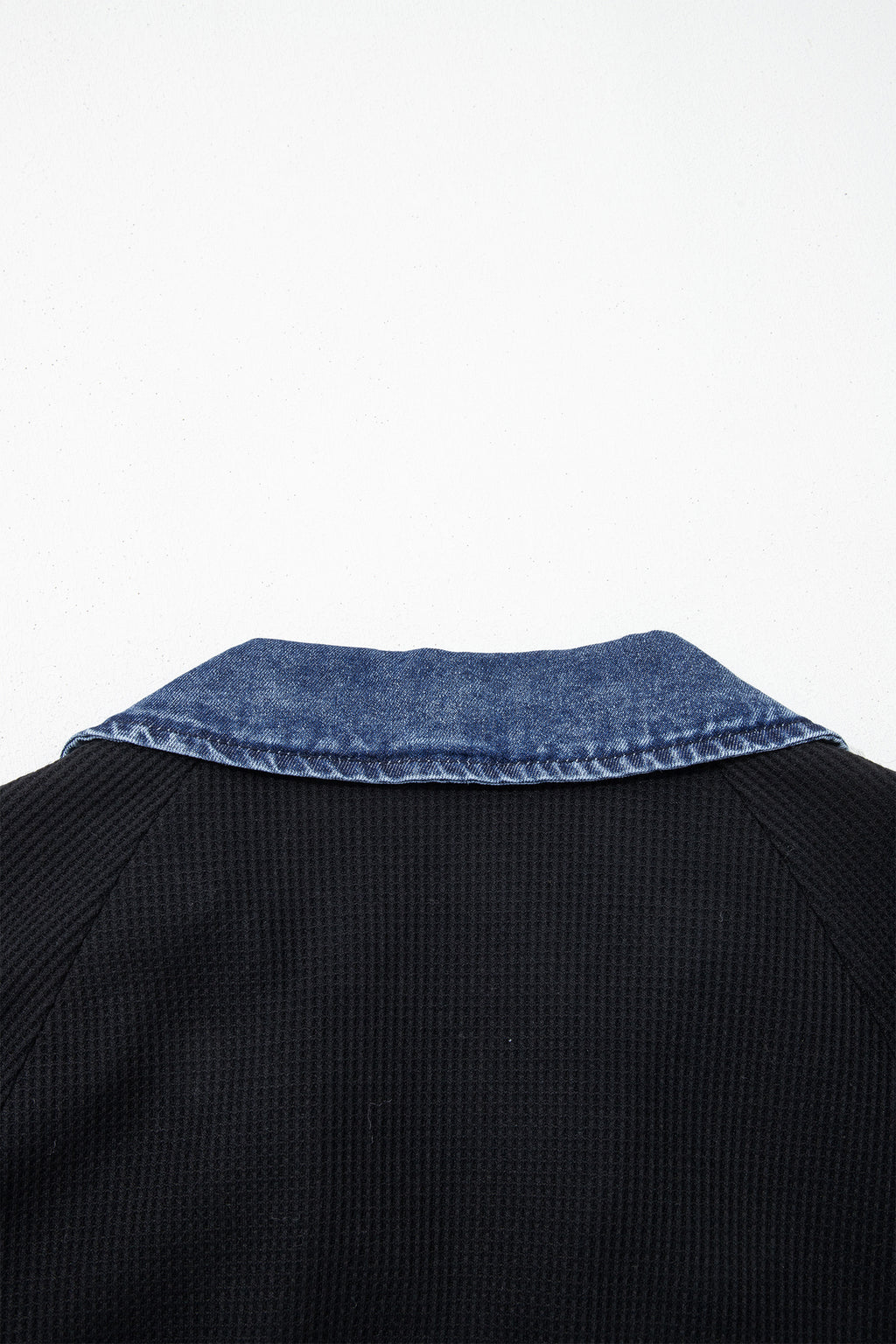 Black Waffle Knit Denim Contrast Trim Button Polo Top