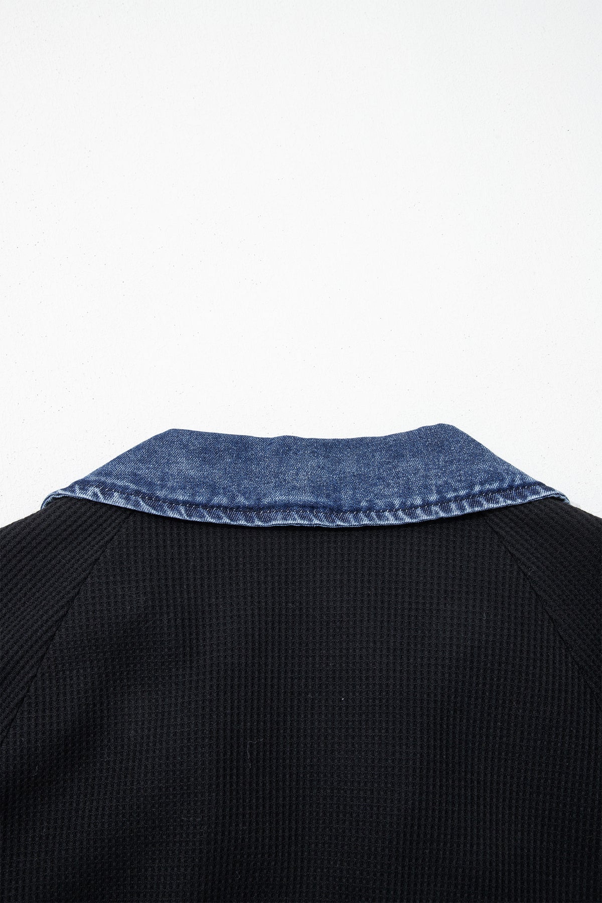 Black Waffle Knit Denim Contrast Trim Button Polo Top