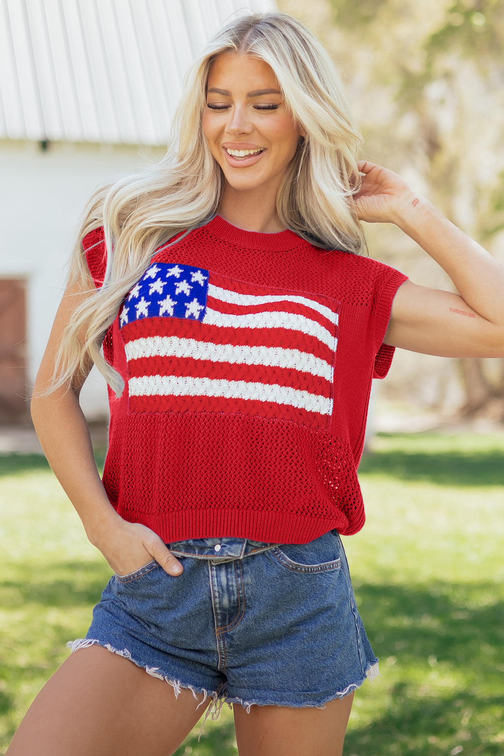 Sky Blue Flag Graphic Short Sleeve Sweater Top