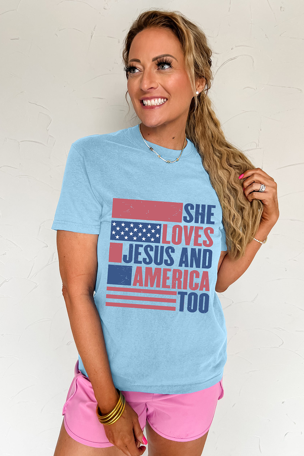 Light Blue "She Loves Jesus and America Too" Flag Graphic Tee