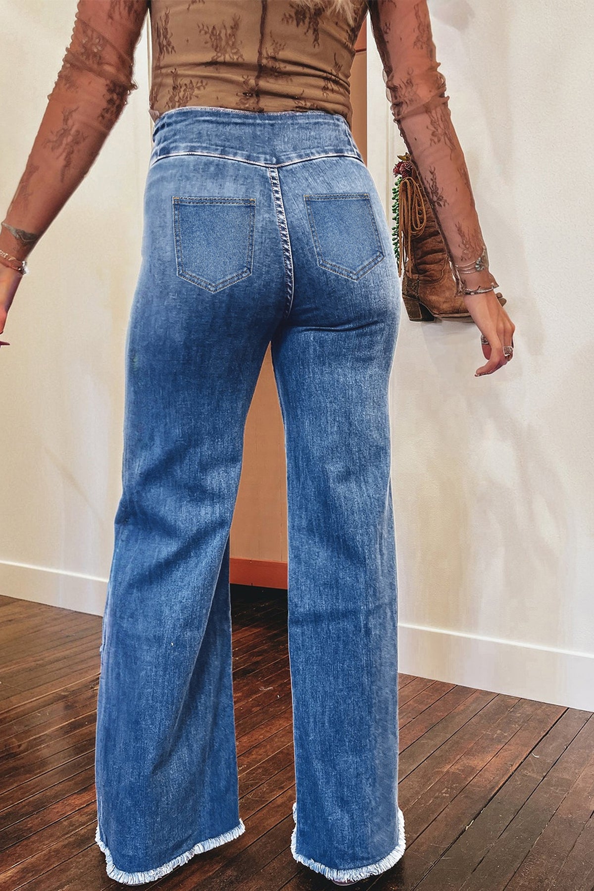 Coffee High Waist Button Fly Raw Hem Flare Jeans