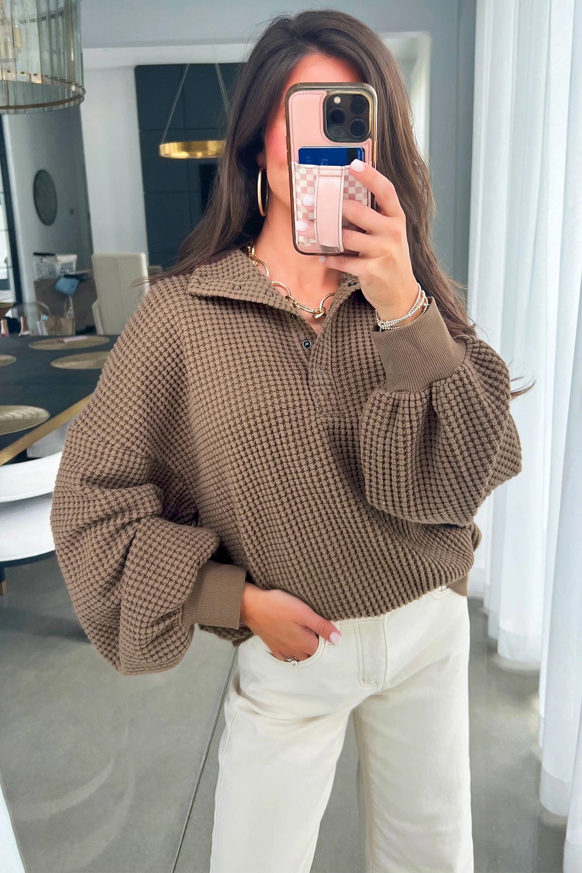 Textured Snap Button Collared Baggy Top