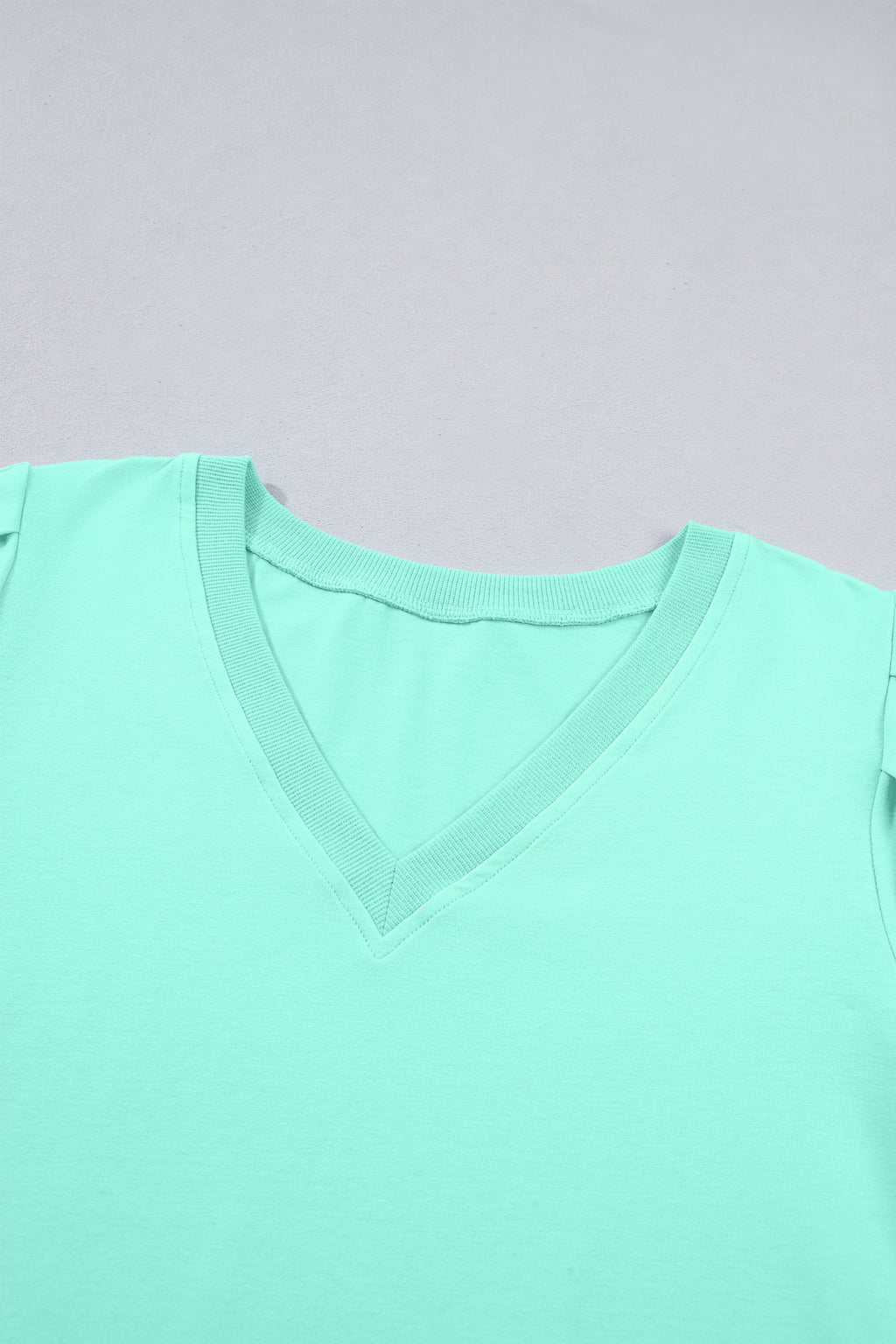 Solid Color V Neck Short Puff Sleeve Blouse