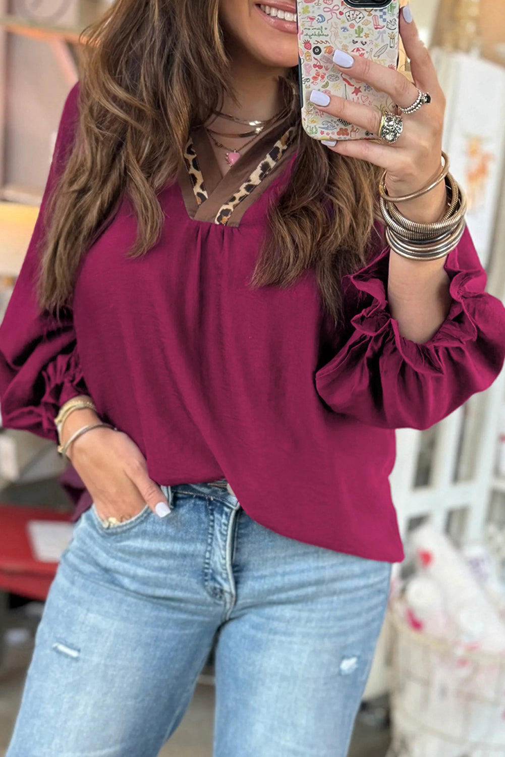 Violet Leopard Trim V Neck Flounced Sleeve Blouse