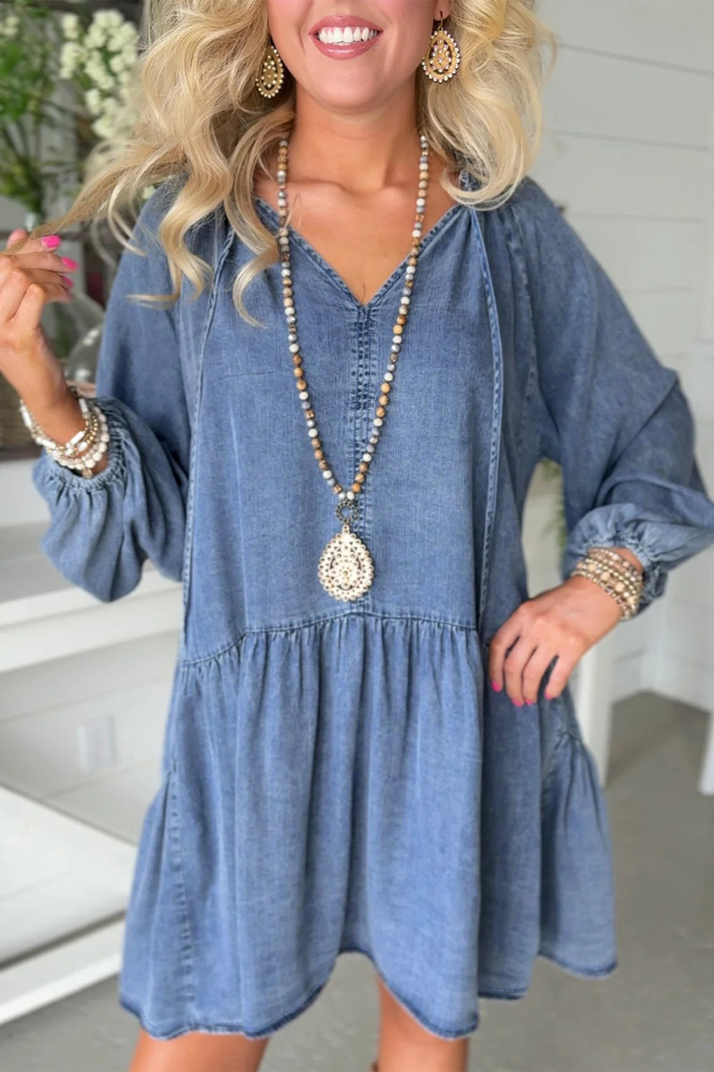 Blue Puff Sleeve V Neck Ruffled Denim Mini Dress