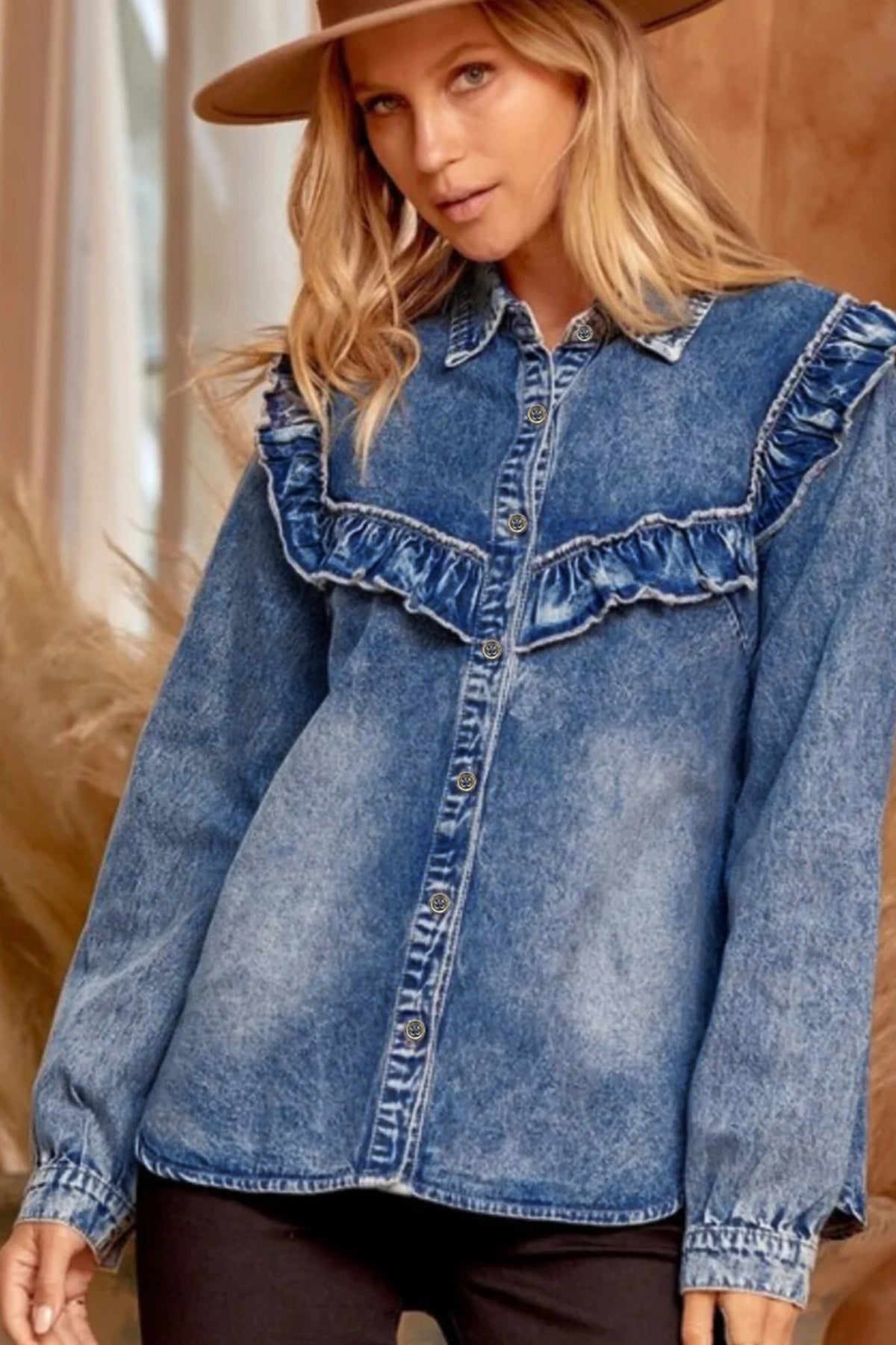 Vintage Wash Denim Ruffle Detail Button Down Shirt