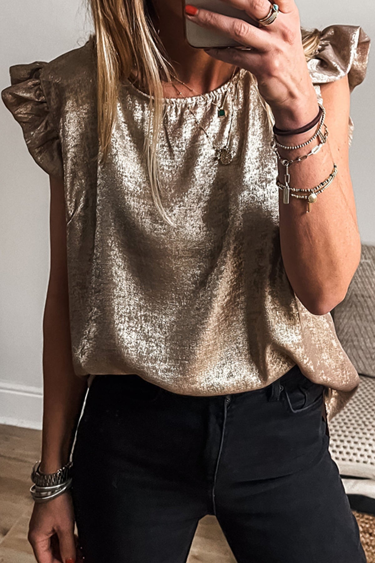 Gold Metallic Ruffle Trim Sleeveless Top
