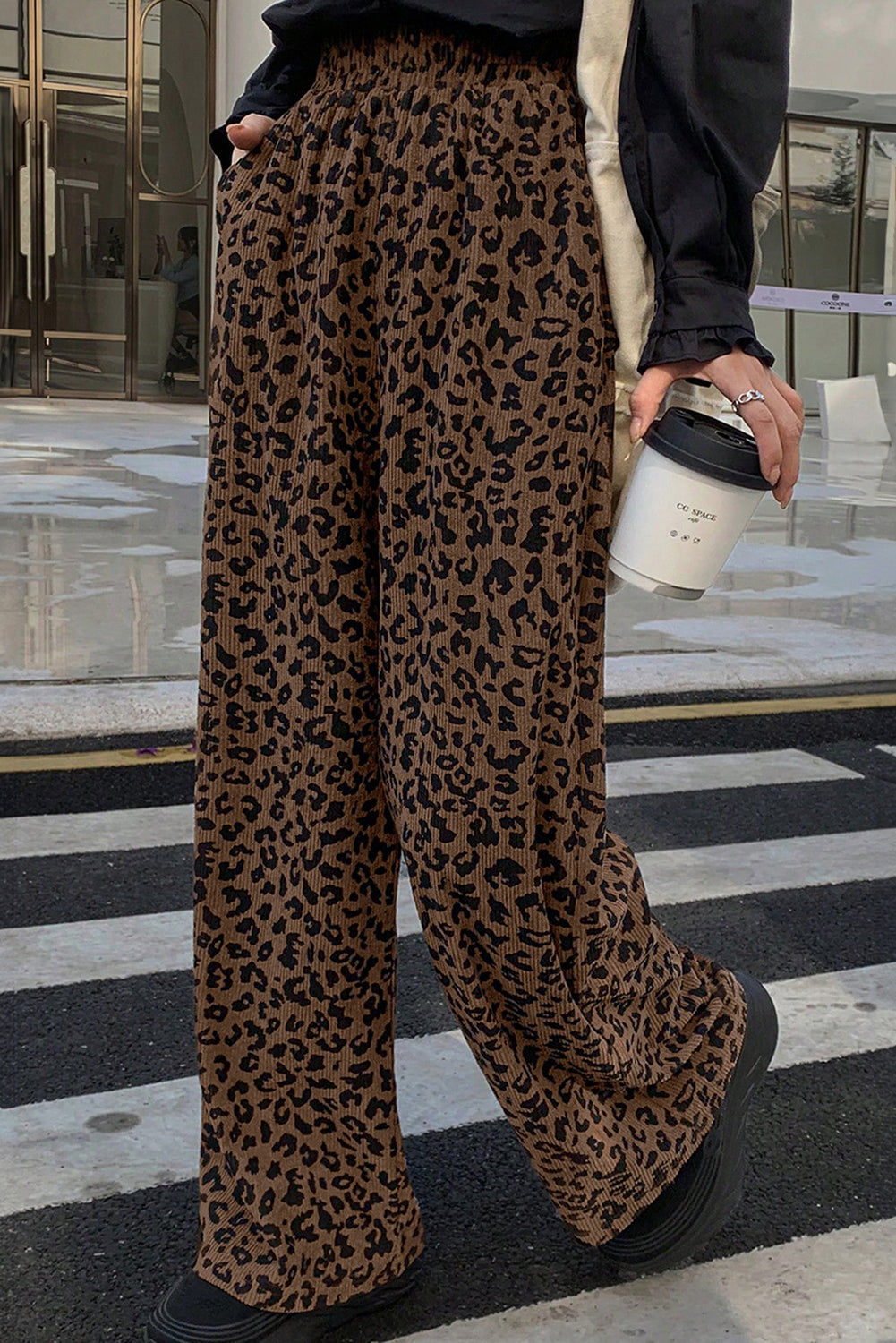 Dark Brown Leopard Print High Waist Loose Corduroy Pants