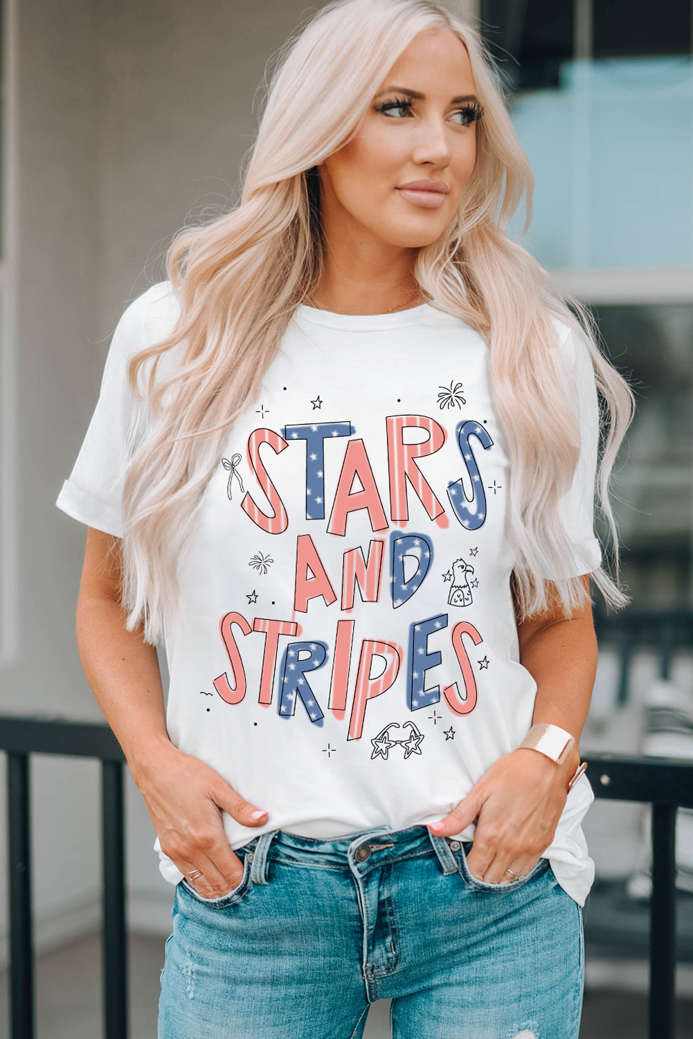 White "Stars and Stripes" Crew Neck Graphic Tee