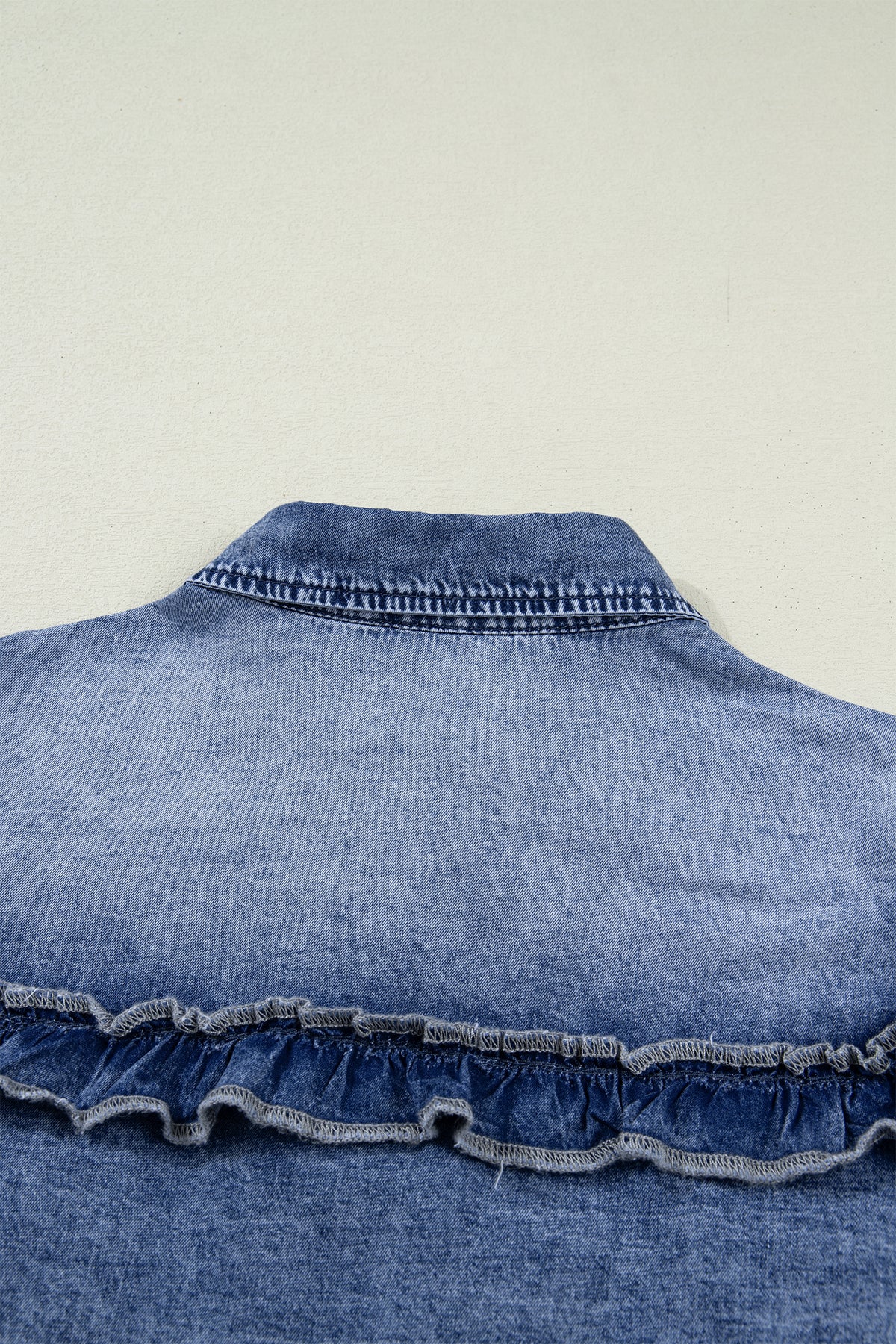 Vintage Wash Denim Ruffle Detail Button Down Shirt