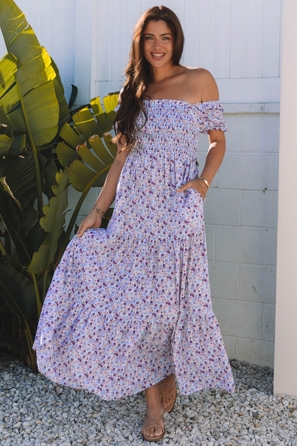 Purple Floral Bubble Sleeve Shirred High Waist Maxi Dress