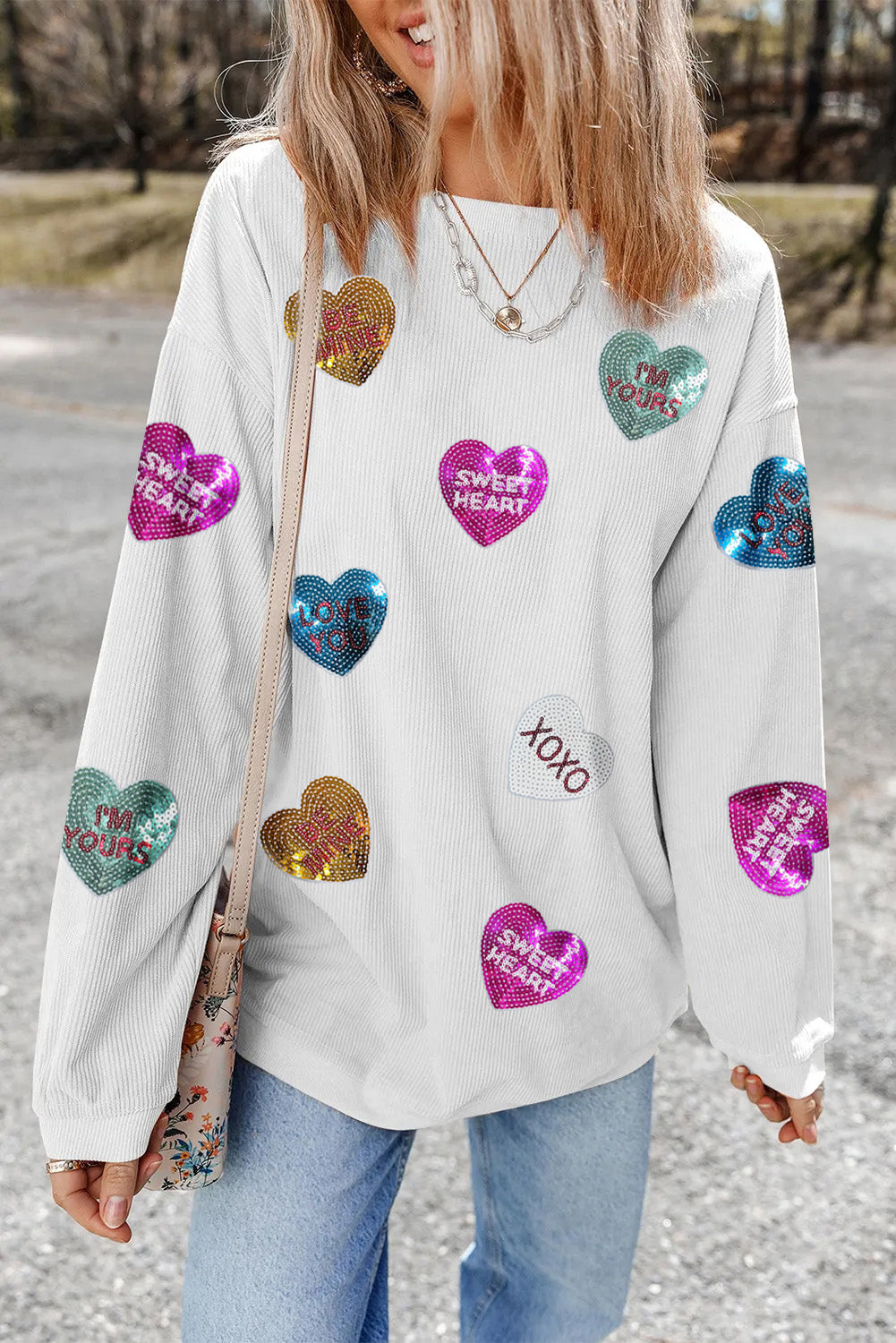 White Heart Sequin Slogan Corded Baggy Sweatshirt