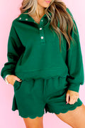 Embroidered Scallop Trim Half Button Pullover & Shorts Set