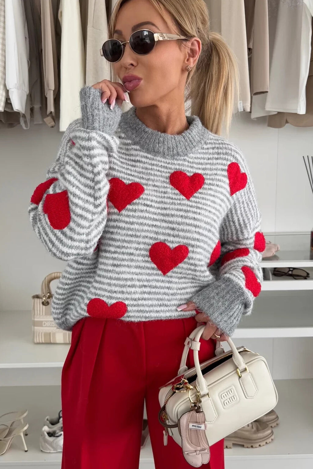 Stripe Heart Pattern Valentine Knit Sweater